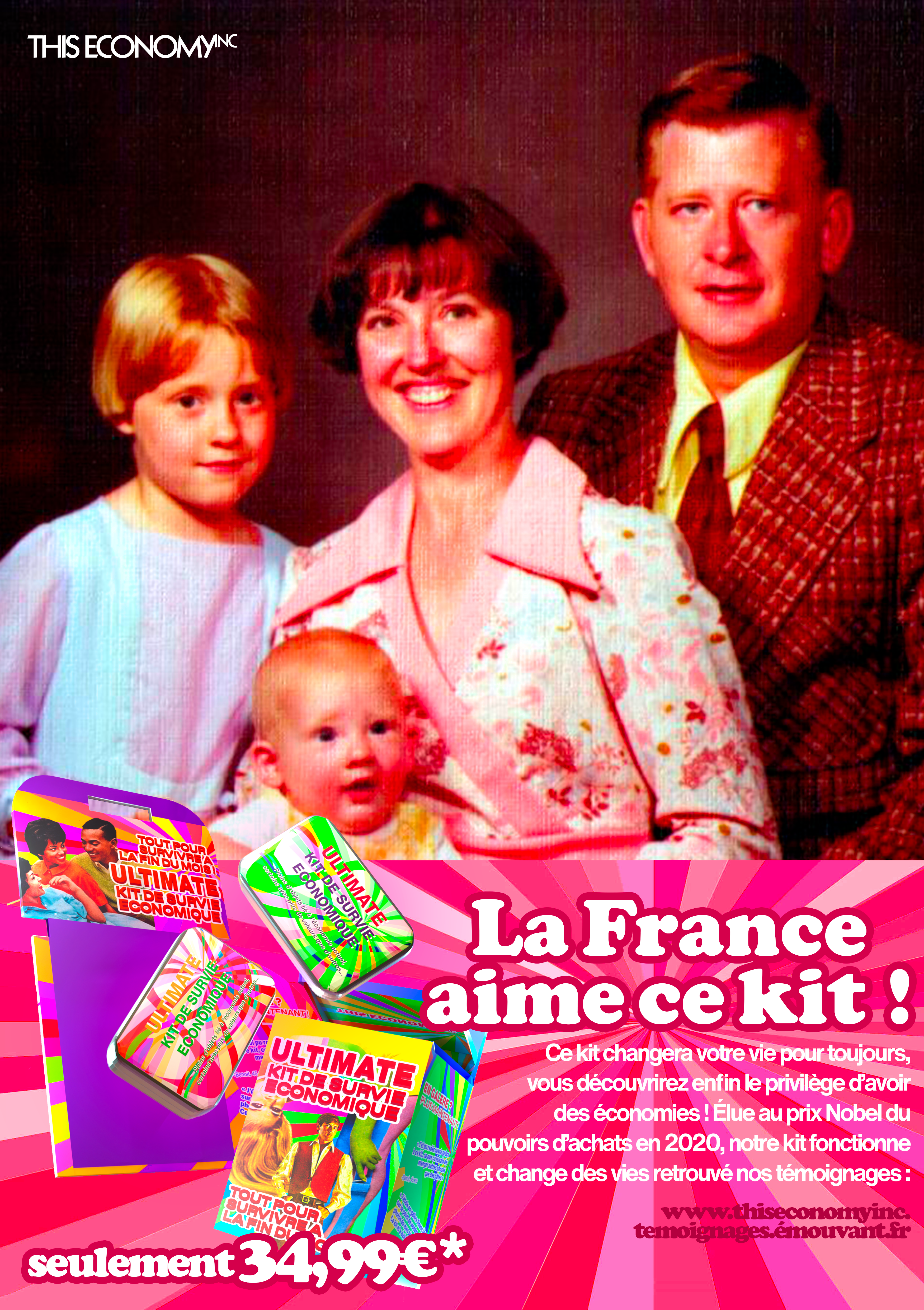 Projet de détournement inspiré du travail de Dana Wyse. Création de l'identité visuelle d'un kit de survie économique tourné vers les familles de classe moyenne, de l'affiche au packaging.